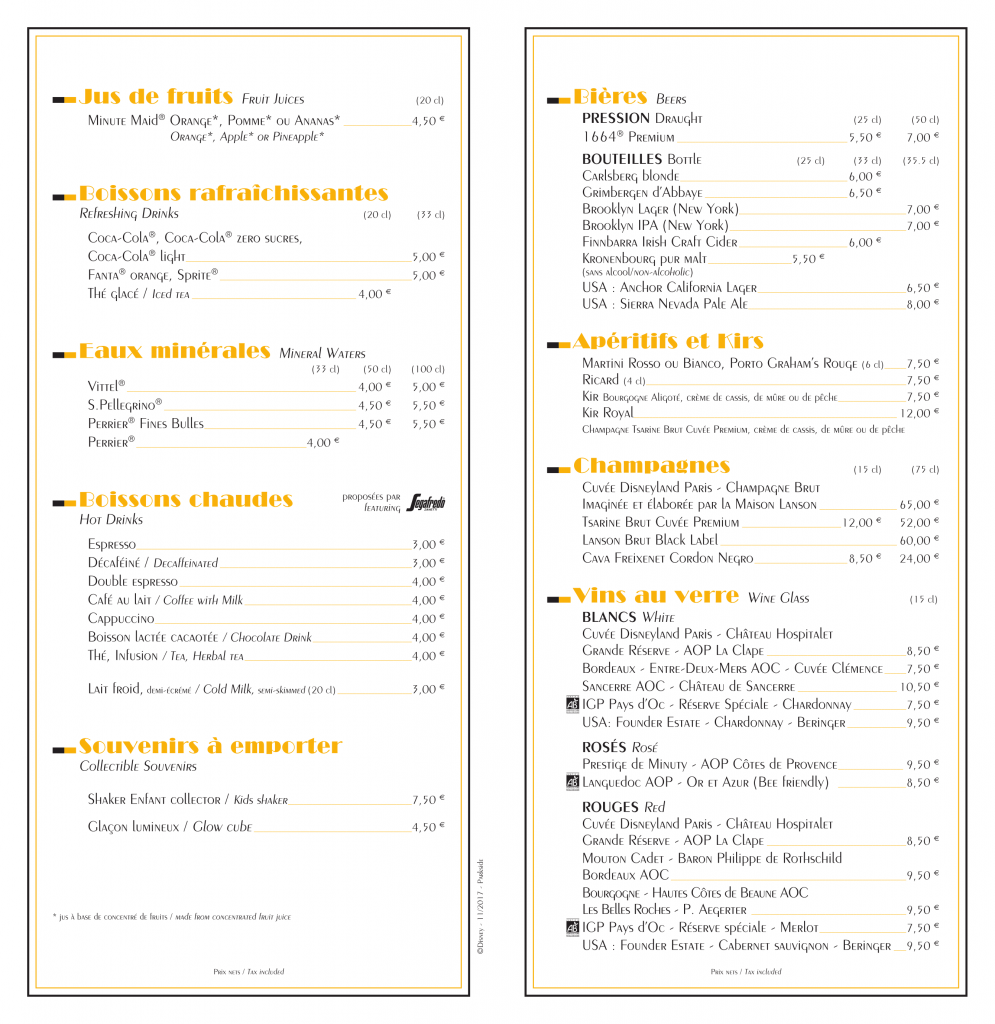Parkside Diner menu at the Disney’s Hotel New York Restaurants and