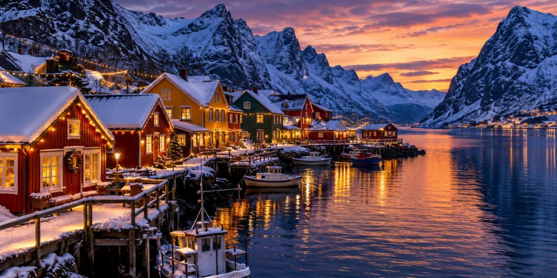 Village nordique enneigé au bord d'un fjord, décoré pour Noël au crépuscule