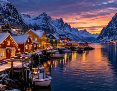 Village nordique enneigé au bord d'un fjord, décoré pour Noël au crépuscule